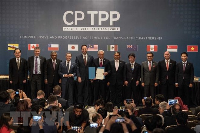 Lễ ký kết Hiệp định CPTPP đã diễn ra tại thủ đô Santiago de Chile dưới sự chủ trì của Tổng thống nước chủ nhà Michelle Bachelet. (Nguồn: THX/TTXVN)