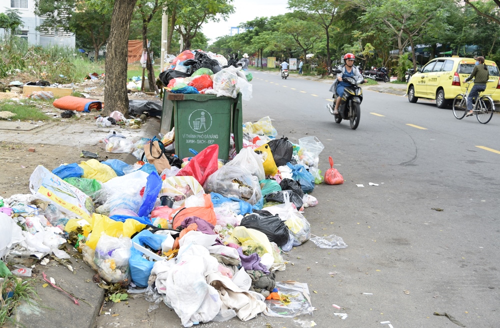 Tồn đọng nhiều rác thải trên các tuyến đường của thành phố vì xe vận chuyển rác không đến thu gom được.  Ảnh: HOÀNG HIỆP