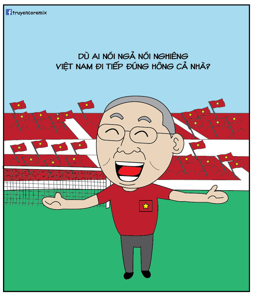 Niềm vui của “thầy” Park sau khi đội tuyển Việt Nam lọt vào vòng sau (Ảnh: Truyện cổ Remix)