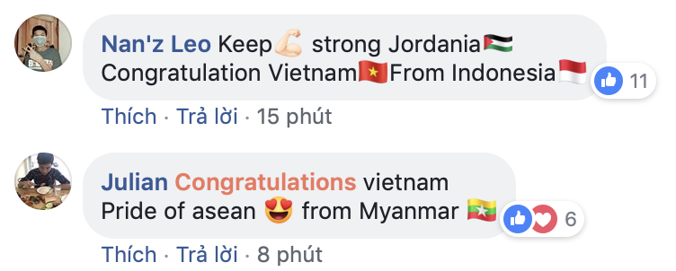 Trên mạng xã hội, rất nhiều lời chúc mừng đội tuyển Việt Nam tới từ nhiều quốc gia, từ các nước Đông Nam Á như Indonesia, Myanmar... cho tới cả người dùng ở Pháp, Hàn Quốc...