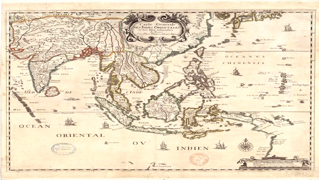 1. Tiêu đề: Bản đồ tổng quan về khu vực Ấn Độ Dương 2. Tác giả: Pierre Mariette 3. Niên đại:1647 4. Ngôn ngữ: Pháp 5. Kích thước: 41,1 x 49cm 6. Nguồn:Thư viện Quốc gia Pháp, Phòng Kế hoạch và Bản đồ, GE DD-2987 (6810).