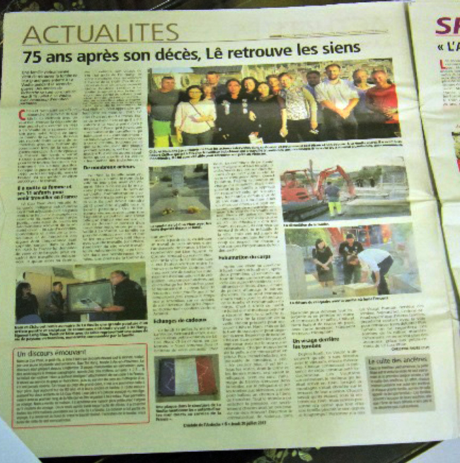 Bài báo “75 năm sau cả nhà họ Lê mới hoàn tụ” được đăng trên Tạp chí cuối tuần Ardèche (Pháp), số 6 ngày 20-7-2017 của tác giả Christine Faure.