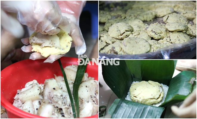 Take about a cup of the mashed mung beans, spread out on a saran wrap, add a few pieces of pork lean and fat and wrap it up shaping into a round or square piece.