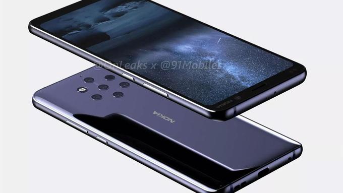  Nokia 9  Nokia 9 được nhắc đến nhiều và lỡ hẹn ra mắt trong năm 2018. Sản phẩm tập trung vào khả năng chụp ảnh khi có thể sử dụng cụm có tới 5 ống kính ở mặt lưng với đủ dải tiêu cự từ tele cho tới góc rộng, hỗ trợ chụp ảnh chân dung xoá phông cũng như chuyên chụp ảnh đen trắng. Hai lỗ bên cạnh có thể là đèn flash LED và cảm biến laser nhằm hỗ trợ lấy nét, tạo thành 