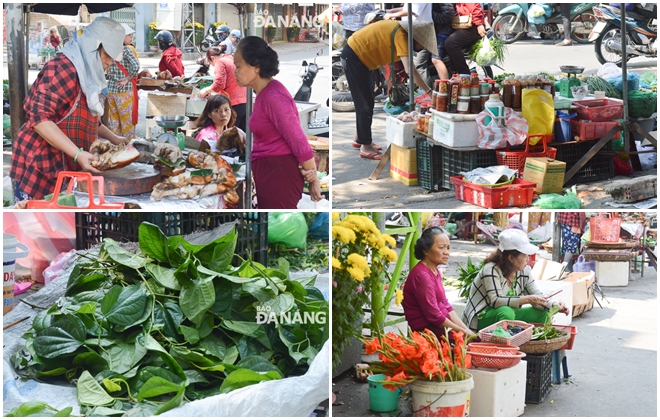 The on sale items include roasted pork meat, a variety of fruits, vegetables and flowers, and betel nuts and leaves.