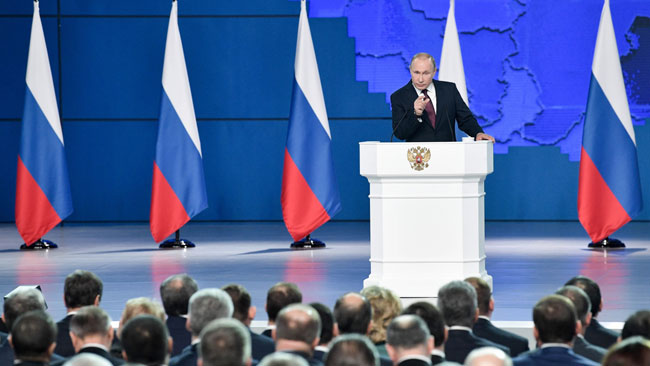 Tổng thống Nga Vladimir Putin đọc Thông điệp liên bang trước Quốc hội.Ảnh: TASS