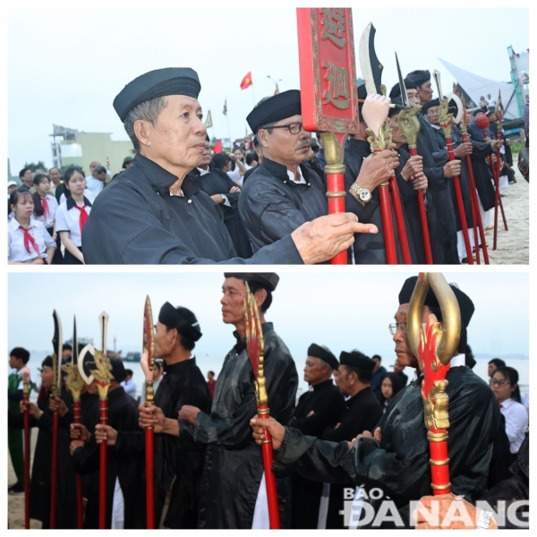 The procession of the Whale God includes senior male residents dressed in ‘ao dai’ (Vietnamese traditional long dress) and ‘khan dong’ (turban)