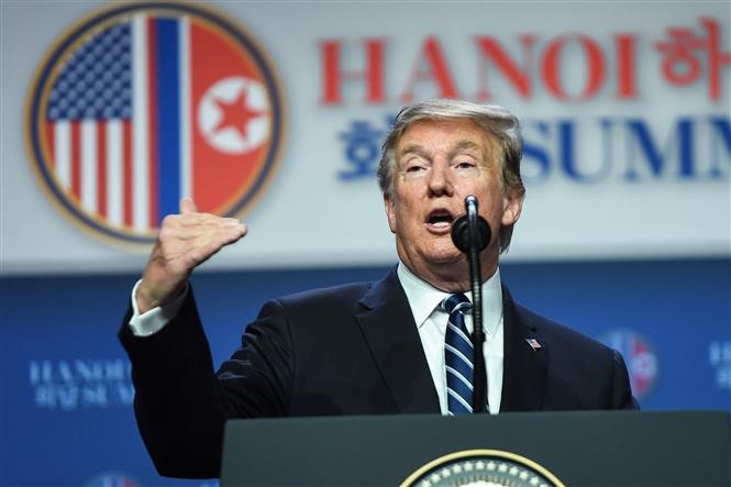 US President Donald Trump talks to the press at the end of the summit.