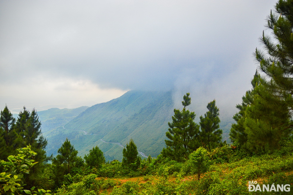 A winding road along the Ha Van Pass seen from the middle of the path