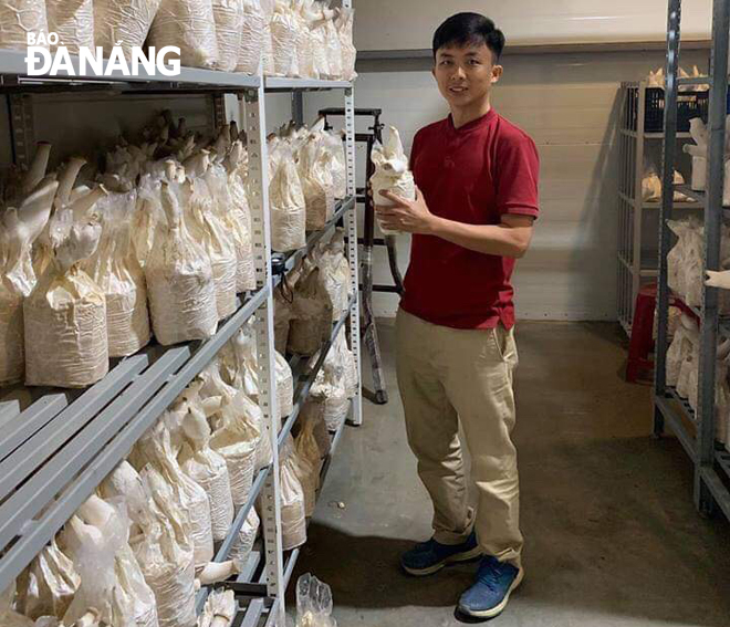 Anh Dương Hiển Tú, Giám đốc An Phú Farm giới thiệu sản phẩm nấm đùi gà do công ty anh phối hợp với Trung tâm Công nghệ sinh học nghiên cứu, sản xuất.