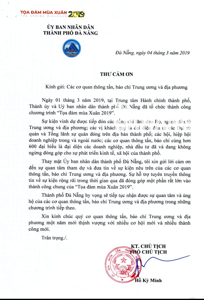 Thư cảm ơn của UBND thành phố Đà Nẵng gửi đến các cơ quan thông tấn báo chí