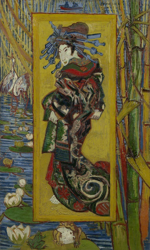Sắc màu và đường viền đậm trong bức tranh Thiếu nữ Nhật của Van Gogh cho thấy ảnh hưởng các bản in khắc gỗ của Nhật Bản.