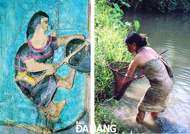 Phụ nữ Cơ tu bắt cá bằng vợt ngoài đời thực (ảnh phải) và trên phù điêu do các nghệ nhân dân gian Cơ tu khắc trên ván thưng của nhà Gươl làng. Ảnh: N.V.S