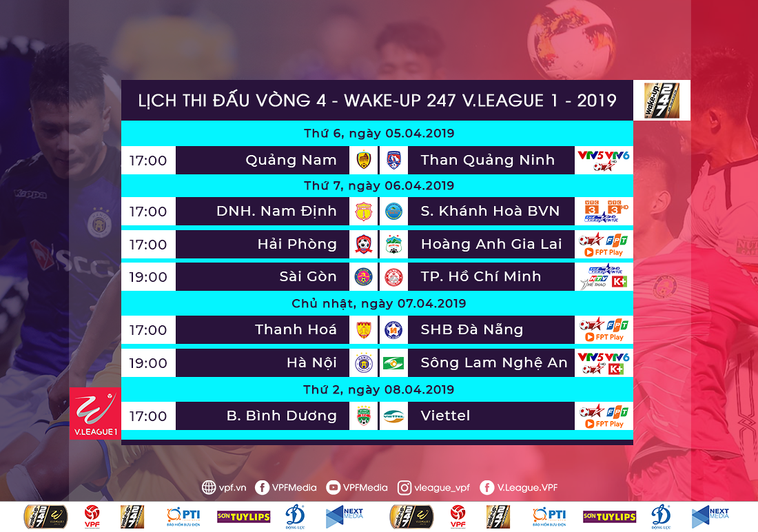 Lịch thi đấu vòng 4 V-League 2019: Hà Nội FC đại chiến SLNA