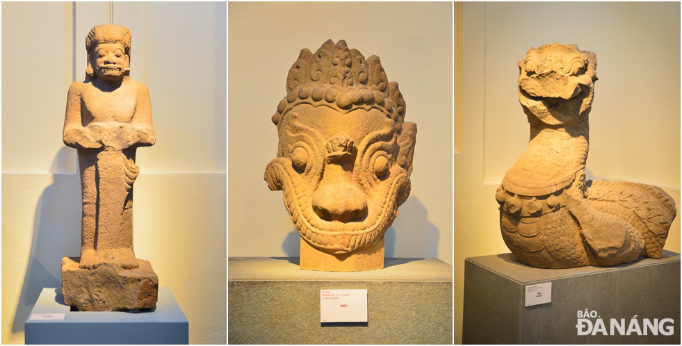 Từ trái qua phải: Tượng hộ pháp Dvarapala (thế kỷ VII - VIII), Tượng mặt Kàla (Kàla Mukha) biểu hiện Đấng hủy diệt và Tái tạo vũ trụ của Ấn Độ  