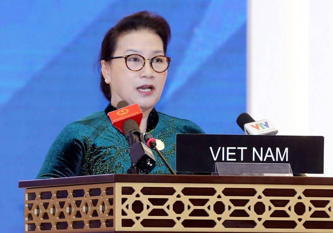 Chủ tịch Quốc hội Nguyễn Thị Kim Ngân phát biểu tại phiên thảo luận chung của IPU - 140. Ảnh: TTXVN