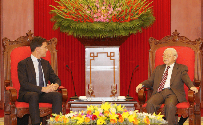 Tổng Bí thư, Chủ tịch nước Nguyễn Phú Trọng tiếp Thủ tướng Vương quốc Hà Lan Mark Rutte. Ảnh: TTXVN