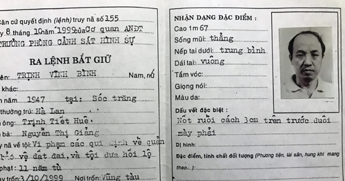 Ông Trịnh Vĩnh Bình bị Công an tỉnh Bà Rịa - Vũng Tàu phát lệnh truy nã do không thi hành án.