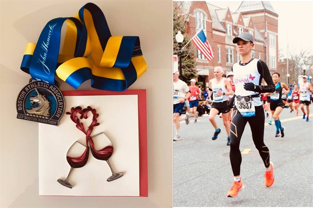 Vietnamese runner Nguyễn Linh Chi competes in the Boston Marathon (right) and her finisher's medal (left). — Photo webthethao.vn Read more at http://vietnamnews.vn/sports/518810/first-vietnamese-woman-completes-boston-marathon.html#HcZ61RACaW5V2B8i.99