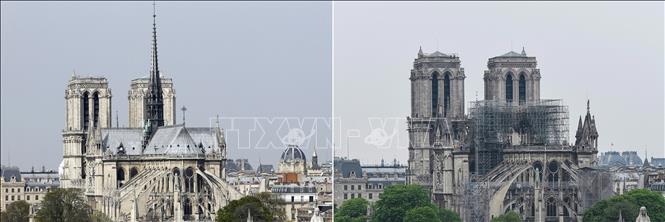 Nhà thờ Đức Bà Paris ngày 28/3/2014 (ảnh tư liệu, trái) và Nhà thờ Đức Bà sau khi bị phá hủy một phần (ảnh phải) trong vụ hỏa hoạn ngày 15/4/2019. Ảnh: AFP/TTXVN