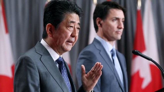  Japanese, Canadian PMs underline benefits of CPTPP  VNA Monday, April 29, 2019 - 16:06:00 Print Japanese PM Shinzo Abe (L) and Canadian PM Justin Trudeau at the joint press conference (Photo: Reuters)