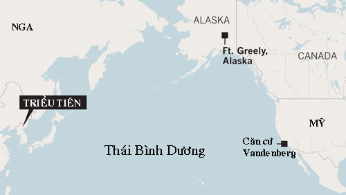 Vị trí tương quan giữa Triều Tiên và căn cứ Vandenberg của Mỹ. Đồ họa: LATimes.