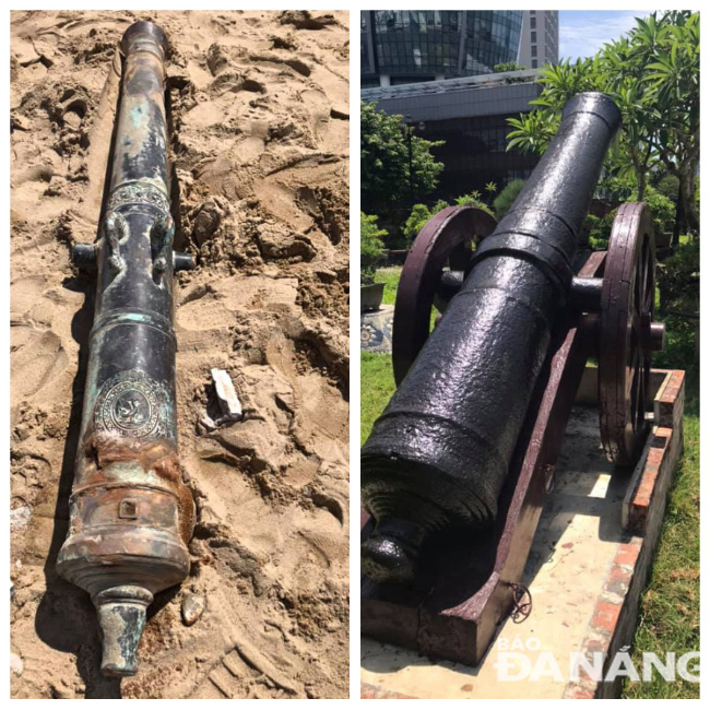 Súng thần công vừa phát hiện (trái) và súng thần công đang trưng bày tại khuôn viên thành Điện Hải.