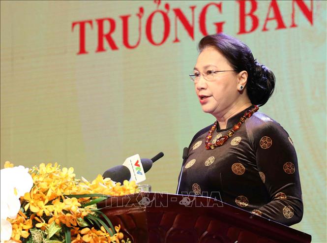 Chủ tịch Quốc hội Nguyễn Thị Kim Ngân đọc diễn văn Lễ kỷ niệm. Ảnh: Văn Điệp/TTXVN