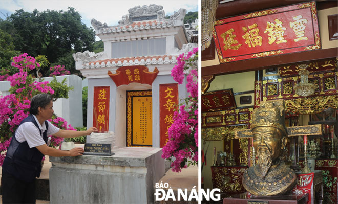 Lăng mộ (ảnh trái) và tượng Thoại Ngọc Hầu trong khuôn viên đền thờ mang tên ông ở huyện Thoại Sơn, tỉnh An Giang. Ảnh: V.T.L 