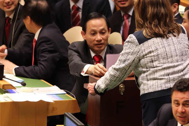 Deputy Foreign Minister Le Hoai Trung, head of the Vietnamese delegation, casts vote to choose five non-permanent members of the UN Security Council for 2020-2021 on June 7 (Photo: VNA)