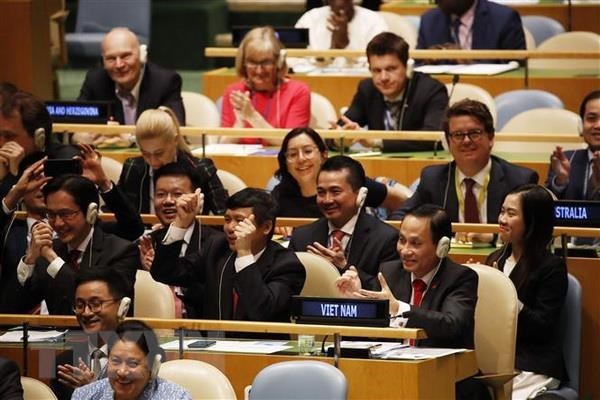 Members of the Vietnamese delegation rejoice over the country's election as a non-permanent member of the UN Security Council for 2020-2021 on June 7 (Photo: VNA)
