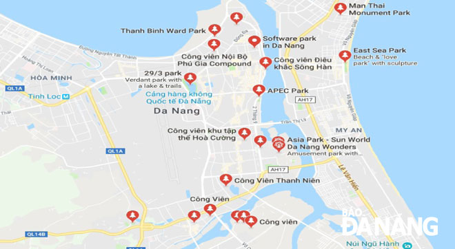 Hệ thống công viên tại Đà Nẵng trên google map. Có thể thấy Đà Nẵng rất “khát” công viên, nhất là những công viên đạt tiêu chuẩn cấp thành phố, cấp quận.