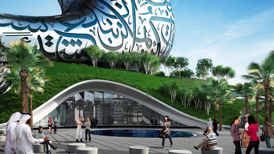 Tòa nhà gồm hàng nghìn hình tam giác thép không gỉ kết hợp lại và được trang trí bằng các họa tiết chữ Arab. Ảnh: Tổ chức Tương lai Dubai