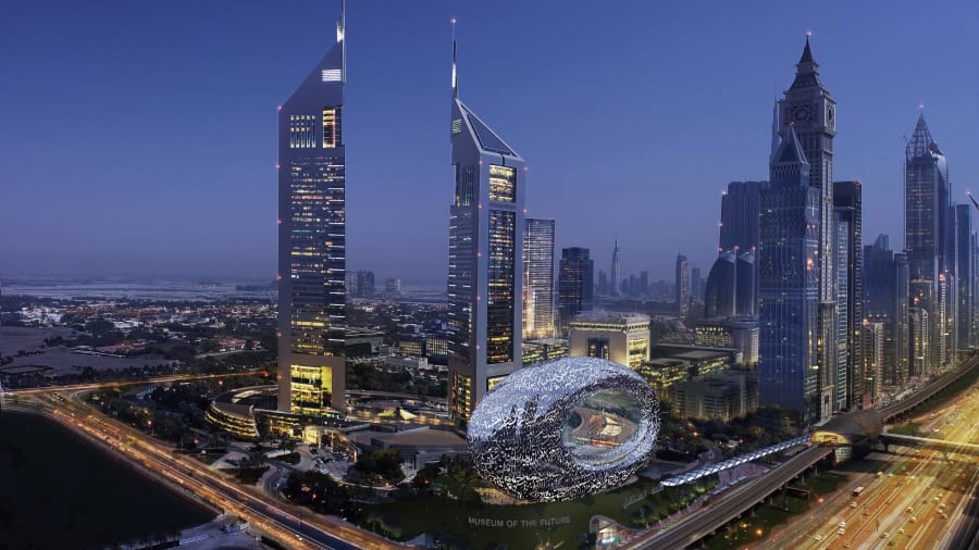 Phối cảnh bảo tàng cạnh tổ hợp Tháp Emirates. Ảnh: Tổ chức Tương lai Dubai
