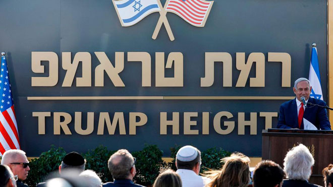Thủ tướng Israel Benjamin Netanyahu phát biểu tại lễ đặt tên “Cao nguyên Trump” (Trump Heights). 					Ảnh: Reuters