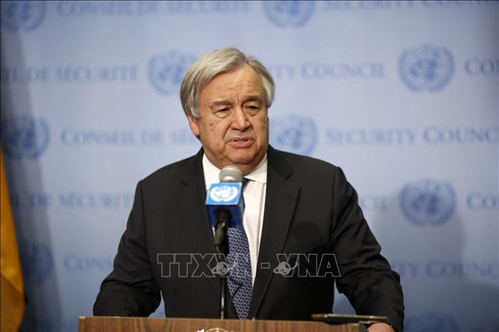  Tổng thư ký LHQ Antonio Guterres phát biểu tại cuộc họp báo ở New York, Mỹ. Ảnh: THX/TTXVN
