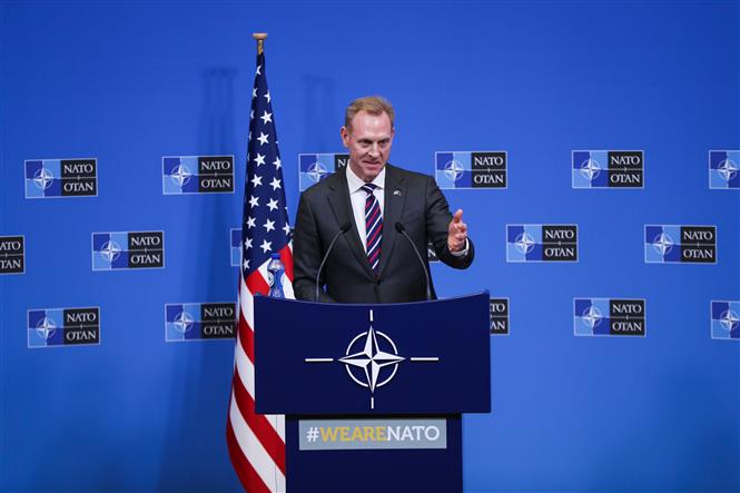 Quyền Bộ trưởng Quốc phòng Mỹ Patrick Shanahan trong cuộc họp báo sau Hội nghị Bộ trưởng Quốc phòng Tổ chức Hiệp ước Bắc Đại Tây Dương (NATO) tại Brussels, Bỉ ngày 14-2-2019. Ảnh: THX/TTXVN