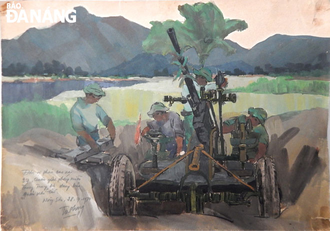 Đơn vị pháo cao xạ 37, quân giải phóng miền Trung Trung Bộ, đang bảo quản khí tài - Nông Sơn, 28-7-1974. (Ký họa của Hà Xuân Phong)