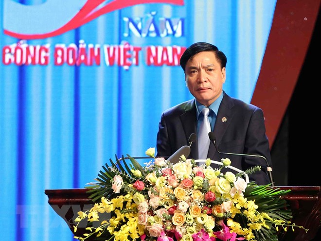 Chủ tịch Tổng Liên đoàn Lao động Việt Nam Bùi Văn Cường phát biểu. (Ảnh: Văn Điệp/TTXVN)