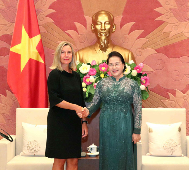 Chủ tịch Quốc hội Nguyễn Thị Kim Ngân tiếp bà Federica Mogherini, Phó Chủ tịch Ủy ban châu Âu, đại diện cấp cao của Liên minh châu Âu.  Ảnh: TTXVN