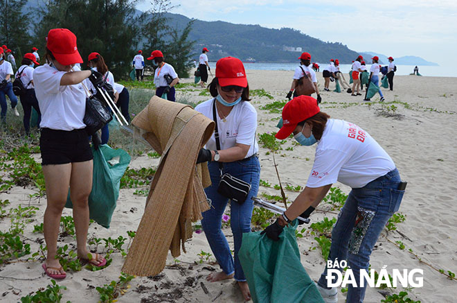 Các tình nguyện viên tiến hành dọn rác thải tại bãi biển Kim Liên.
