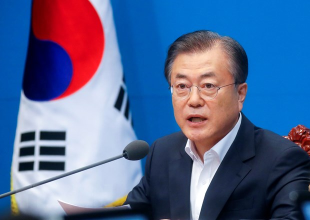 Tổng thống Hàn Quốc Moon Jae-in phát biểu tại cuộc họp ở Seoul ngày 2-8. (Nguồn: Yonhap/TTXVN)