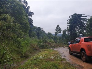 Mưa lớn gây sạt lở trên tuyến đường duy nhất đi vào Nhà máy thủy điện Đắk Sin 1, tỉnh Đắk Nông.