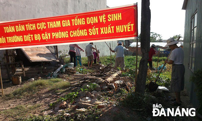 Người dân ở các phường tại quận Sơn Trà tiến hành dọn dẹp rác thải tại các khu đất trống để phòng sốt xuất huyết.