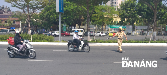 Traffic police on duty on a street in the city