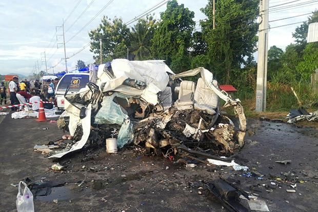 A passenger van is seen destroyed after a collision with a lorry in Wang Sombun district of Sa Kaeo province, Thailand on August 18 (Source: www.bangkokpost.com)