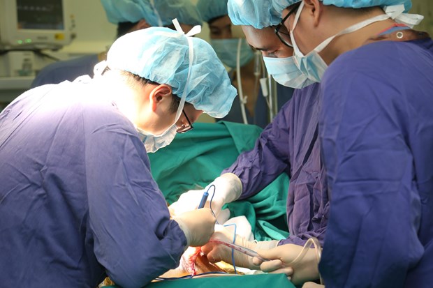 Các bác sỹ thực hiện một ca ghép tạng tại Bệnh viện Hữu nghị Việt Đức. (Ảnh: PV/Vietnam+)