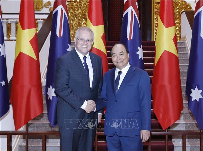 Thủ tướng Nguyễn Xuân Phúc và Thủ tướng Australia Scott Morrison tại trụ sở Chính phủ. Ảnh: Thống Nhất/TTXVN