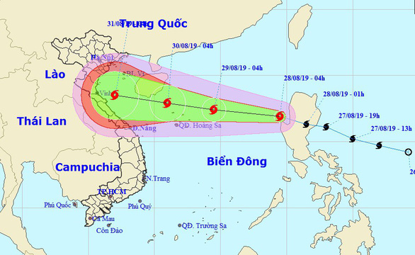 A map detailing the route of tropical storm Podul from 28 to 31 August, 2019. Photo: National Center for Hydro-meteorological Forecasting