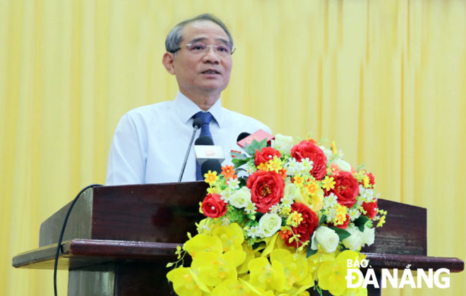 Bí thư Thành ủy Trương Quang Nghĩa phát biểu với cử tri huyện Hòa Vang.  		 Ảnh: TRỌNG HÙNG